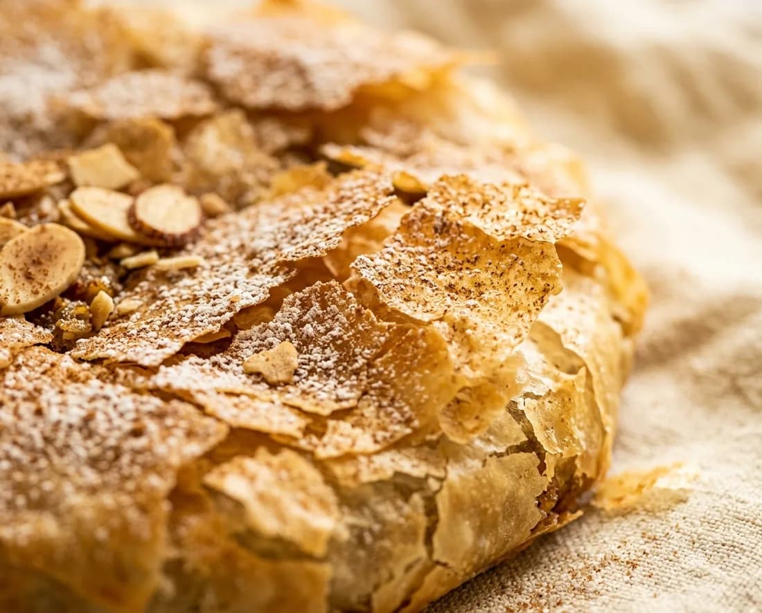 Gros plan sur la feuille croustillante et les amandes d'une pastilla D-Light