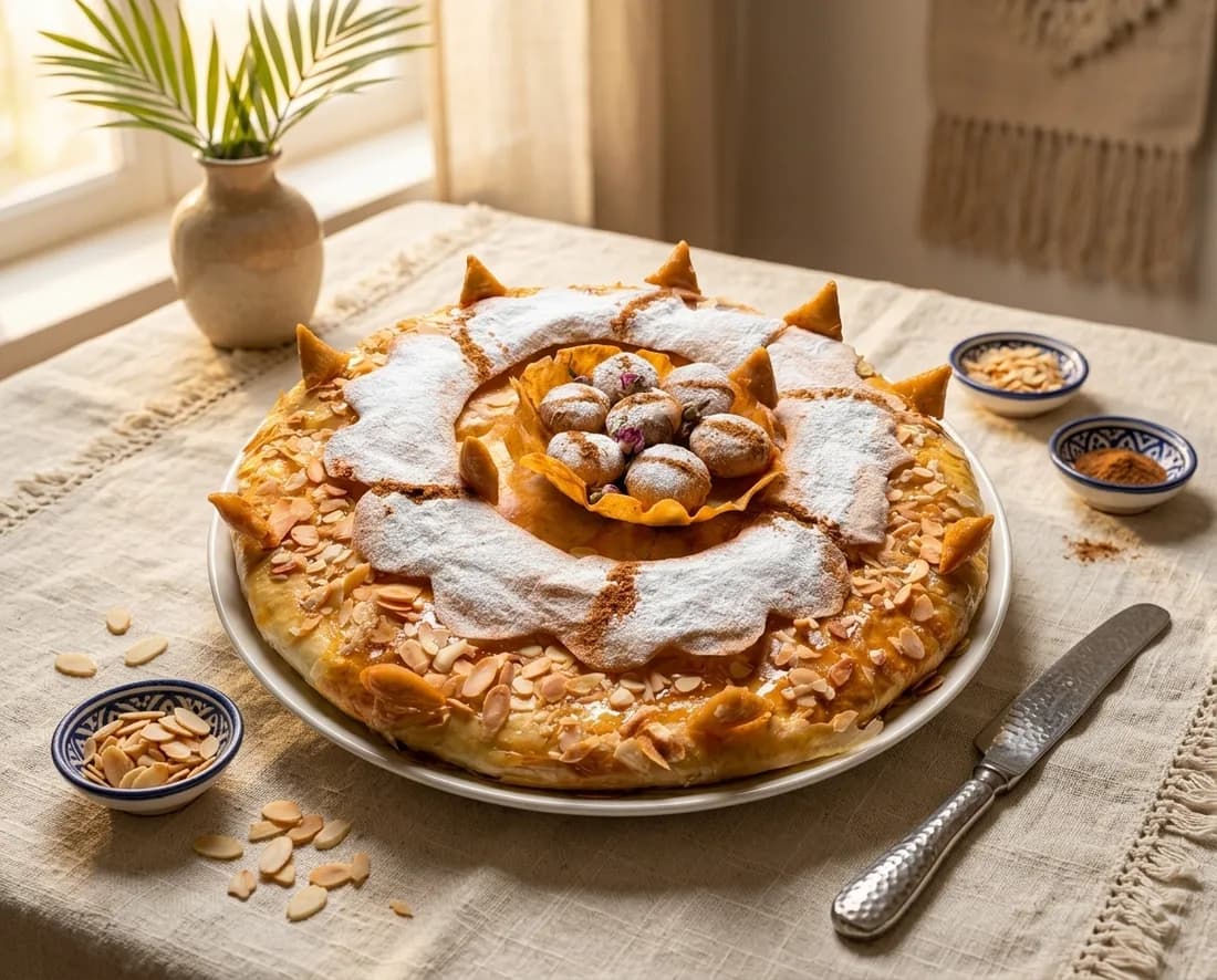 Pastilla D-Light dressée sur une table en lin, amandes et cannelle
