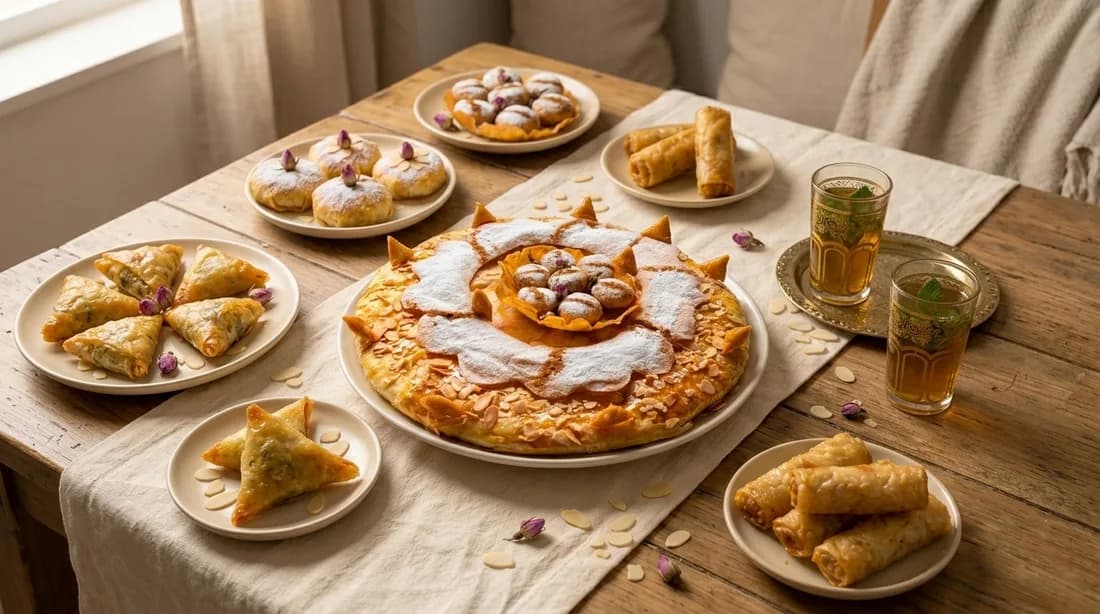 Table dressée avec pastilla, briouates, nems et thé à la menthe
